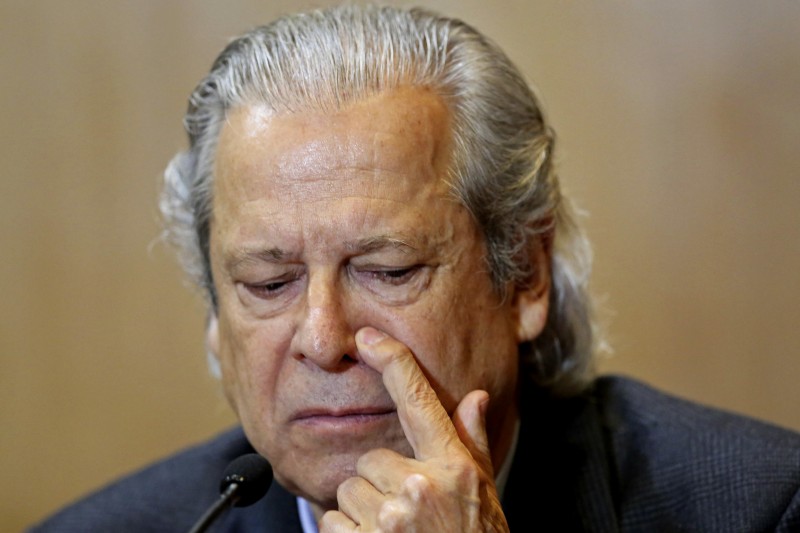  BRAZILIAN FORMER CHIEF-OF-STAFF (2003-2005), JOSE DIRCEU, SPEAKS DURING A HEARING OF THE PARLIAMENTARY COMMITTEE OF THE PETROBRAS INVESTIGATION IN THE FEDERAL JUSTICE COURT, IN CURITIBA ON AUGUST 31, 2015. DIRCEU --WHO IS SERVING A SEVEN-YEAR SENTENCE FOR THE MENSALAO CORRUPTION SCANDAL-- WAS ACCUSED OF CORRUPTION AND MONEY LAUNDERING WITHIN THE FRAMEWORK OF THE LAVA JATO OPERATION.    AFP PHOTO / HEULER ANDREY  