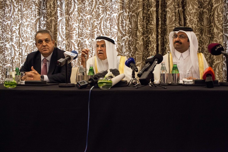  Qatar's Minister of Energy and Industry Mohammed Saleh al-Sada (R),Saudi Arabia's minister of Oil and Mineral Resources Ali al-Naimi (C), Venezuela's minister of petroleum and mining Eulogio Del Pino (L) attend a press conference on February 16, 2016 in the Qatari capital Doha.  Energy giants Saudi Arabia and Russia agreed to freeze oil output to try to stabilise the market if other major producers do the same, Qatar's oil minister said. / AFP / Olya Morvan  