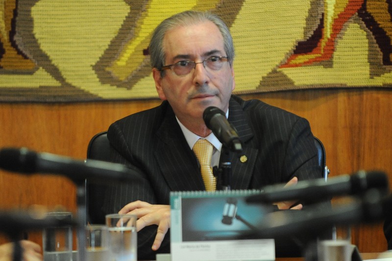  The president of the Brazilian Chamber of Deputies, Eduardo Cunha participates in a party leaders' meeting at the National Congress in Brasilia on March 2, 2016. The Supreme Court will deliberate today if they remove Cunha -- the lead figure in the impeachment drive against Brazilian President Dilma Rousseff -- who is himself facing charges of taking a $5 million bribe, after a request by the Attorney of the Republic, who says Cunha uses his position to hinder the investigations against him. AFP PHOTO/ANDRESSA ANHOLETE  