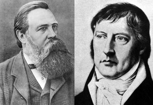 Filósofos alemães Friedrich Engels (esquerda) e Georg Wilhelm Friedrich Hegel (direita)