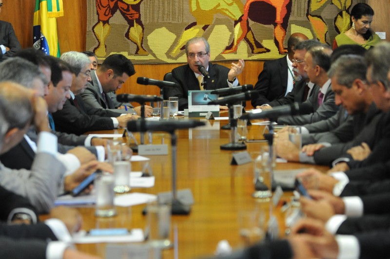 The president of the Brazilian Chamber of Deputies, Eduardo Cunha participates in a party leaders' meeting at the National Congress in Brasilia on March 2, 2016. The Supreme Court will deliberate today if they remove Cunha -- the lead figure in the impeachment drive against Brazilian President Dilma Rousseff -- who is himself facing charges of taking a $5 million bribe, after a request by the Attorney of the Republic, who says Cunha uses his position to hinder the investigations against him. AFP PHOTO/ANDRESSA ANHOLETE  