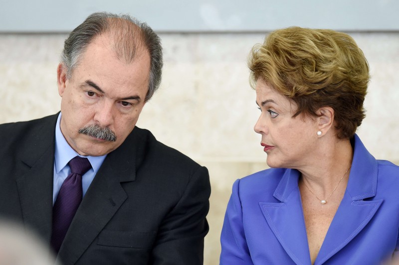  BRAZILIAN PRESIDENT DILMA ROUSSEFF (R) SPEAKS WITH CHIEF OF STAFF ALUIZIO MERCADANTE DURING MEETING OF THE VOCATIONAL EDUCATION PROJECT FOR YOUNG PEOPLE, THE PRONATEC, AT PLANALTO PALACE IN BRASILIA ON JULY 28, 2015. SEEKING TO IMPROVE HER POPULARITY, CURRENTLY ABOUT 7% OF THE POPULATION CONSIDERED GOOD OR EXCELLENT, THE PRESIDENT ROUSSEFF WILL LAUNCH A CAMPAIGN ON SOCIAL MEDIAS WITH VIDEOS THAT SHOW THE ACTION OF HER GOVERNMENT.  AFP PHOTO / EVARISTO SA  