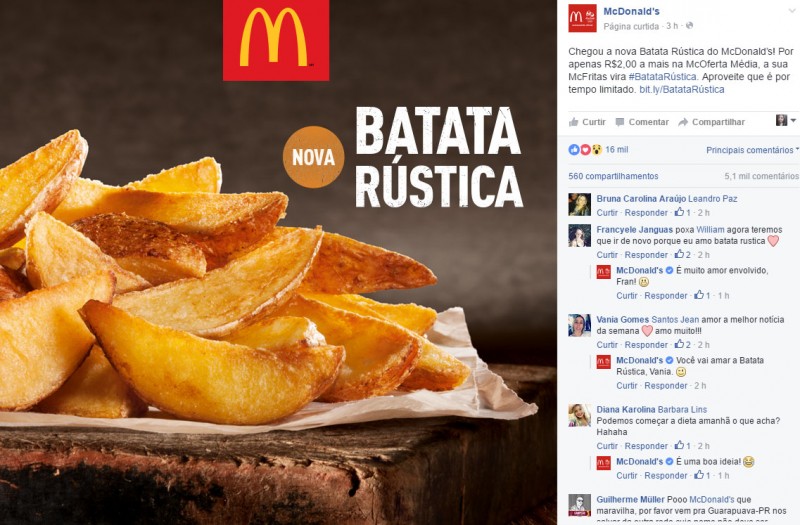 O McDonald's, divulgou nas redes sociais a variação rústica da tradicional batata frita