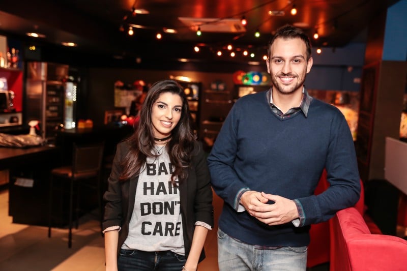 Luisa Severo e Giovanni Nervo no lan&ccedil;amento do aplicativo Benefit Now, no Hotel Ibis Styles

