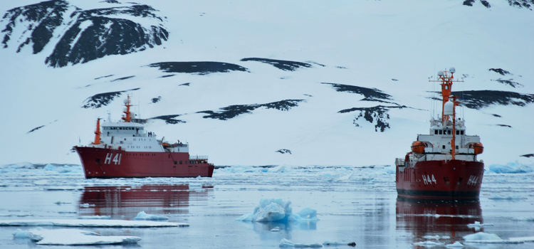 Navios de apoio oceanográfico Ary Rongel e Almirante Maximiano cortam mar da Antártica