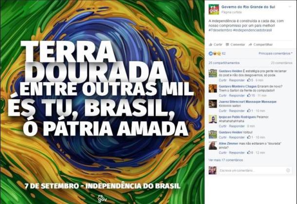 Perfil oficial do governo errou a letra do Hino Nacional ao homenagear o Dia da Independência 