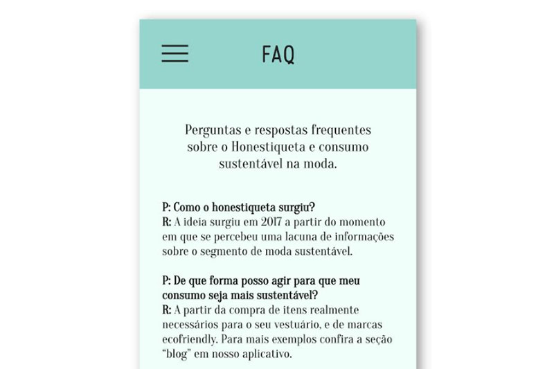 Tela de FAQ do aplicativo Honestiqueta