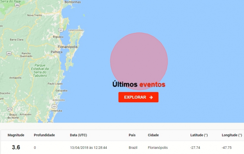 Imagem do site do Observatório Sismológico indica o ponto onde teve o tremor