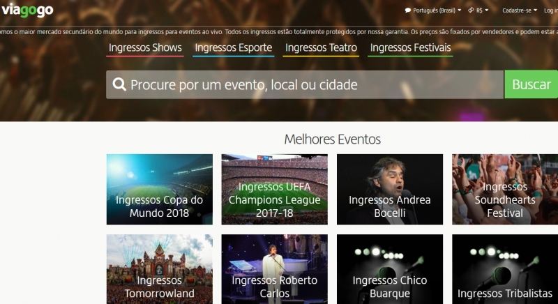 Site da Viagogo comercializa ingressos de eventos culturais e esportivos pleo mundo