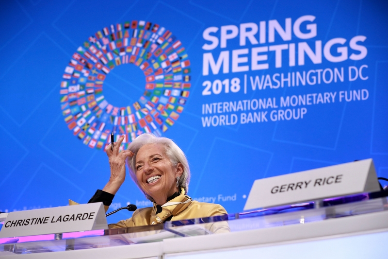 Christine Lagarde durante o encontro do FMI em Washington