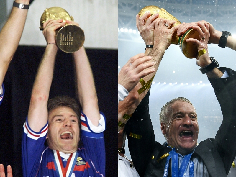 Didier Deschamps em seus dois momentos ao erguer o troféu da Copa do Mundo em 1998 e 2018