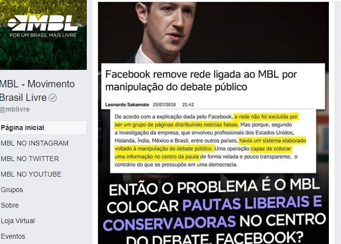 Facebook x MBL - retirada de páginas do MBL do ar no Facebook