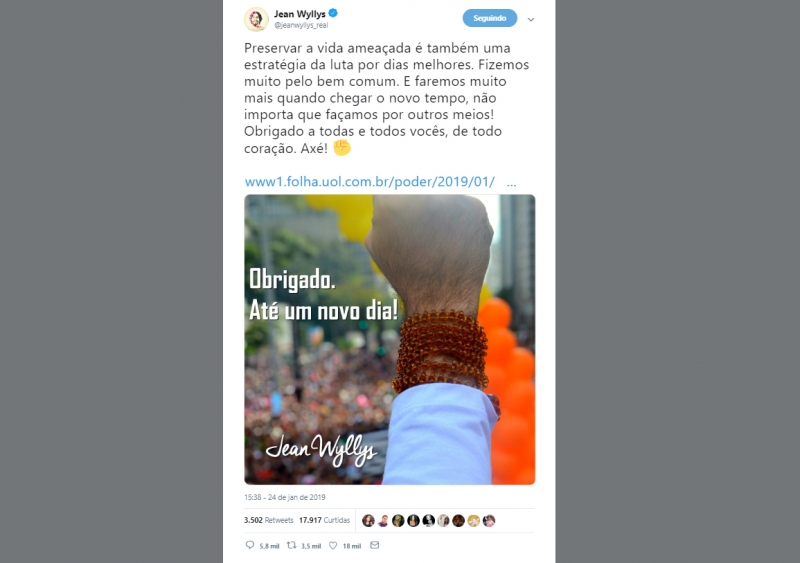 {'nm_midia_inter_thumb1':'https://www.jornaldocomercio.com/_midias/jpg/2019/01/24/206x137/1_dasmkdkasdma-8606263.jpg', 'id_midia_tipo':'2', 'id_tetag_galer':'', 'id_midia':'5c4a17bce8135', 'cd_midia':8606263, 'ds_midia_link': 'https://www.jornaldocomercio.com/_midias/jpg/2019/01/24/dasmkdkasdma-8606263.jpg', 'ds_midia': 'print Tweet Jean Wyllys', 'ds_midia_credi': 'TWITTER/REPRODU&Ccedil;&Atilde;O/JC', 'ds_midia_titlo': 'print Tweet Jean Wyllys', 'cd_tetag': '1', 'cd_midia_w': '800', 'cd_midia_h': '563', 'align': 'Left'}