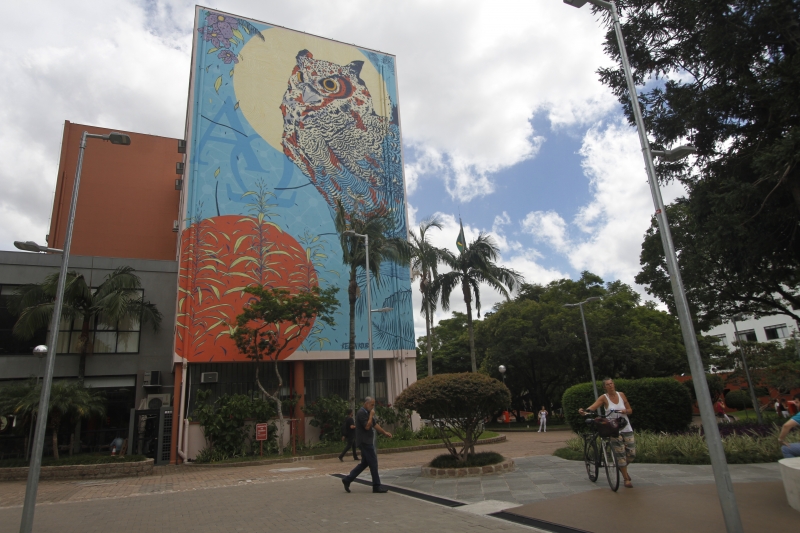 Grafite de mais de 18 metros de altura na Rua da Cultura da Pucrs, do artista Kelvin Koubik.  Foto: LUIZA PRADO/JC