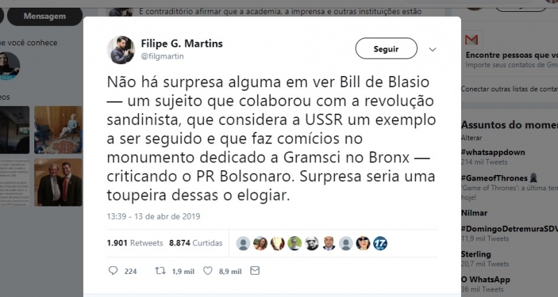 'Surpresa seria uma toupeira dessas o elogiar', escreveu Filipe Martins no Twitter