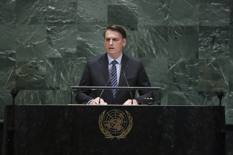 NEW YORK, NY - SEPTEMBER 24: President of Brazil Jair Messias Bolsonaro addresses the United Nations General Assembly at UN headquarters on September 24, 2019 in New York City. World leaders from across the globe are gathered at the 74th session of the UN General Assembly, amid crises ranging from climate change to possible conflict between Iran and the United States.   Drew Angerer/Getty Images/AFP