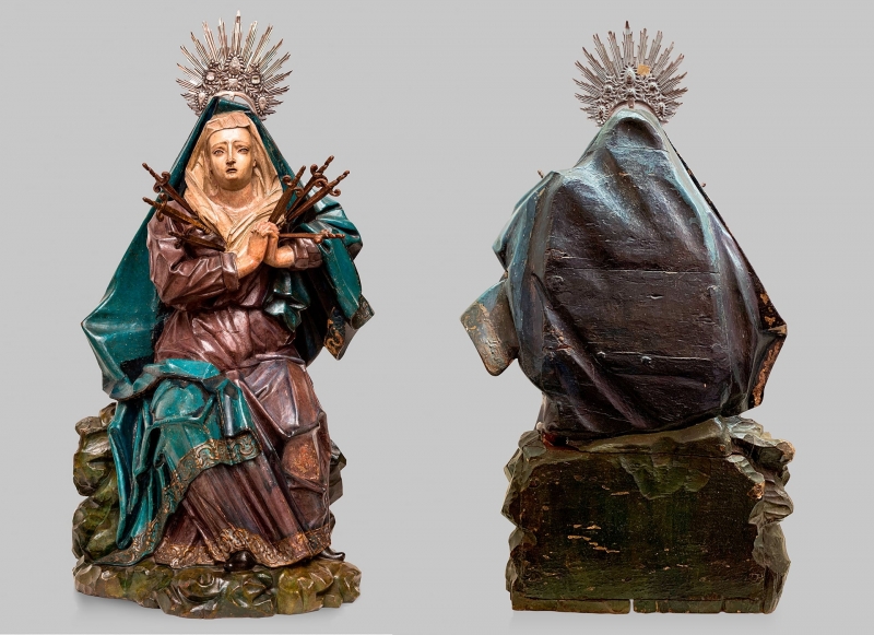 Uma das peças em exibição é uma imagem de Nossa Senhora das Dores esculpida por Aleijadinho