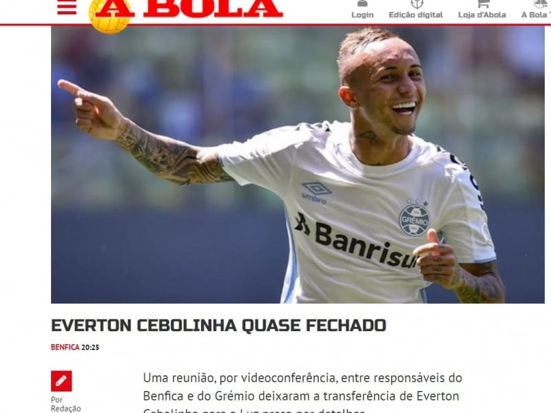 Jornal A Bola, de Portugal, fala sobre ida de Everton para o Benfica