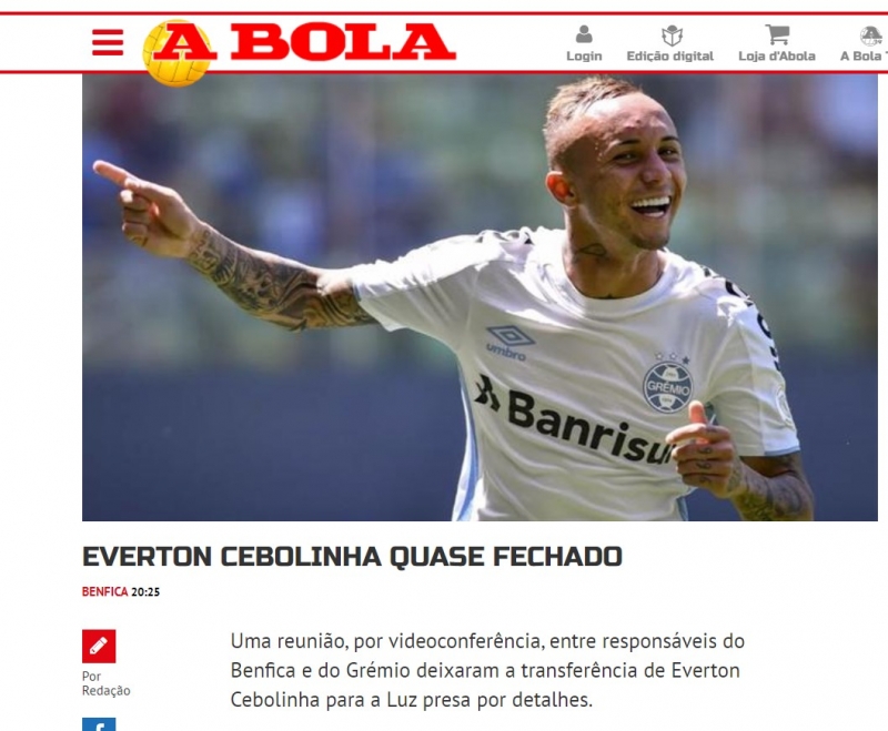 Jornal A Bola, de Portugal, fala sobre ida de Everton para o Benfica