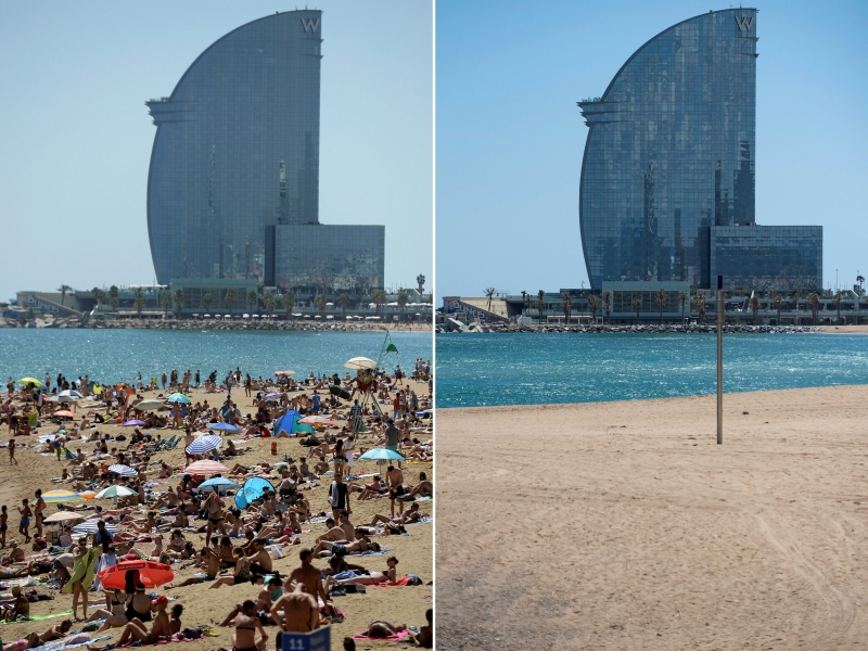 Praia de Barceloneta, em Barcelona antes e durante a pandemia na Espanha