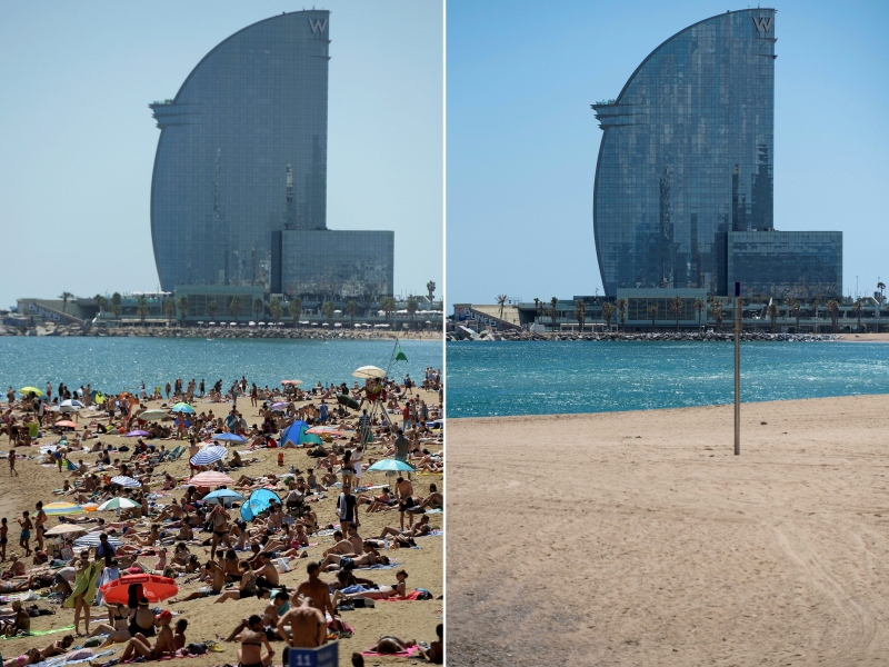 Praia de Barceloneta, em Barcelona antes e durante a pandemia na Espanha