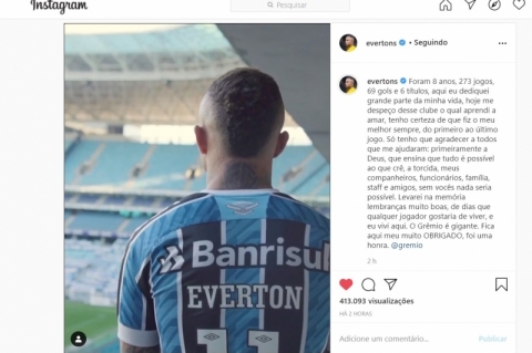 Everton embarca para Portugal e divulga vídeo se despedindo da torcida gremista