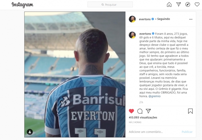 Cebolinha marcou 69 gols em 273 jogos com a camisa tricolor