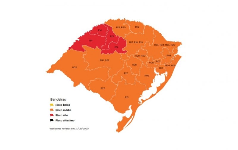 Novo mapa tem quatro regiões em vermelho e 17 em laranja, incluindo Porto Alegre
