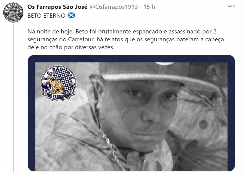 {'nm_midia_inter_thumb1':'https://www.jornaldocomercio.com/_midias/jpg/2020/11/20/206x137/1_os_farrapos-9194896.jpg', 'id_midia_tipo':'2', 'id_tetag_galer':'', 'id_midia':'5fb80d0836c50', 'cd_midia':9194896, 'ds_midia_link': 'https://www.jornaldocomercio.com/_midias/jpg/2020/11/20/os_farrapos-9194896.jpg', 'ds_midia': 'Farrapos torcida S&atilde;o Jos&eacute; morte negro Carrefour', 'ds_midia_credi': 'Twitter Os Farrapos S&atilde;o Jos&eacute;/Reprodu&ccedil;&atilde;o/JC', 'ds_midia_titlo': 'Farrapos torcida S&atilde;o Jos&eacute; morte negro Carrefour', 'cd_tetag': '1', 'cd_midia_w': '800', 'cd_midia_h': '569', 'align': 'Left'}