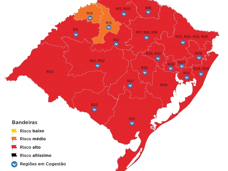 Mapa preliminar aponta duas regiões apenas em bandeira laranja no Rio Grande do Sul
