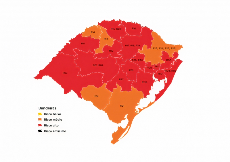 Mapa preliminar traz 16 regiões em bandeira vermelha e apenas cinco em laranja