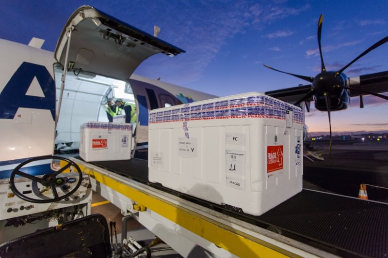 Voo que trouxe a carga com 192.750 mil doses da AstraZeneca e 50,2 mil da Coronavac pousou às 6h05, em Porto Alegre