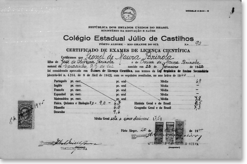 Certid&atilde;o do ensino secund&aacute;rio do Julinho em 1944