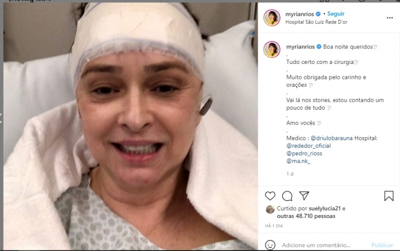 Atriz Myrian Rios comemora nas redes sociais sucesso da intervenção cirúrgica