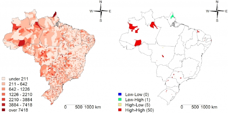 Em vermelho estão os municípios com alto risco de contaminação