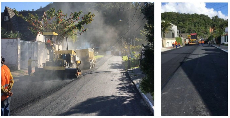 Na esquerda, o asfalto convencional sendo aplicado; na direita, o asfalto morno, com menos fumaça