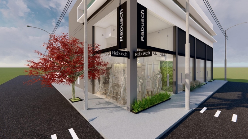 Verde turquesa da fachada das lojas dá lugar ao preto e branco, mostra projeção de loja 