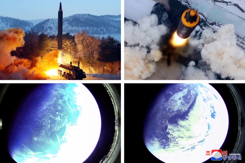 Conjunto de fotos combinadas mostra o míssil saindo de um lançador e a Coreia do Norte e áreas próximas