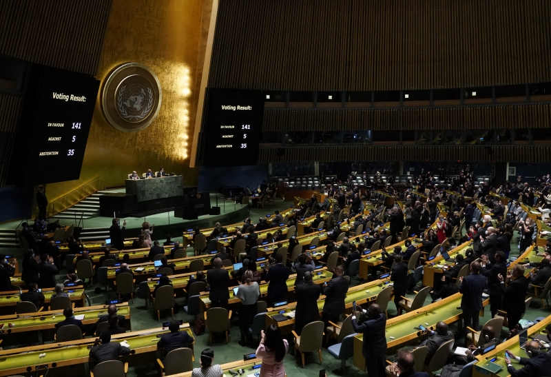 Placar da votação sobre a guerra na Assembleia Geral da ONU, em Nova York