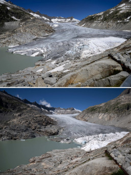 Combinação de duas fotos, de agosto de 2022 e julho de 2015, mostra a diferença nas geleiras