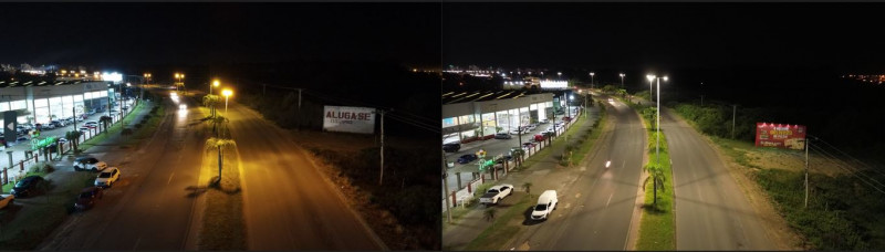 Rua Fernandes Bastos, em Tramandaí, antes e depois da troca de lâmpadas pelo programa