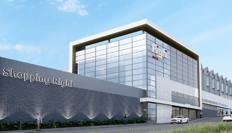 Maquete eletrônica mostra projeto da rede supermercadista para implantar shopping em prédio de antigo lanifício em Santana do Livramento