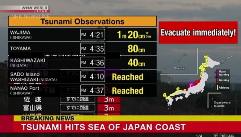 Canal de TV japonês NHK emite o alerta de evacuação após fortes terremotos