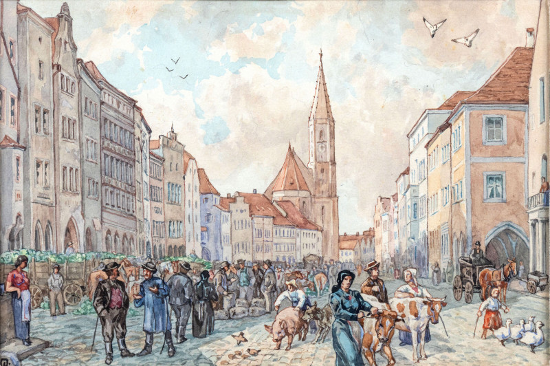 Obras como a aquarela acima, registrando um dia movimentado na Baviera no início do século XX, fazem parte da primeira fase da produção de José Lutzenberger, quando ainda vivia em solo europeu 