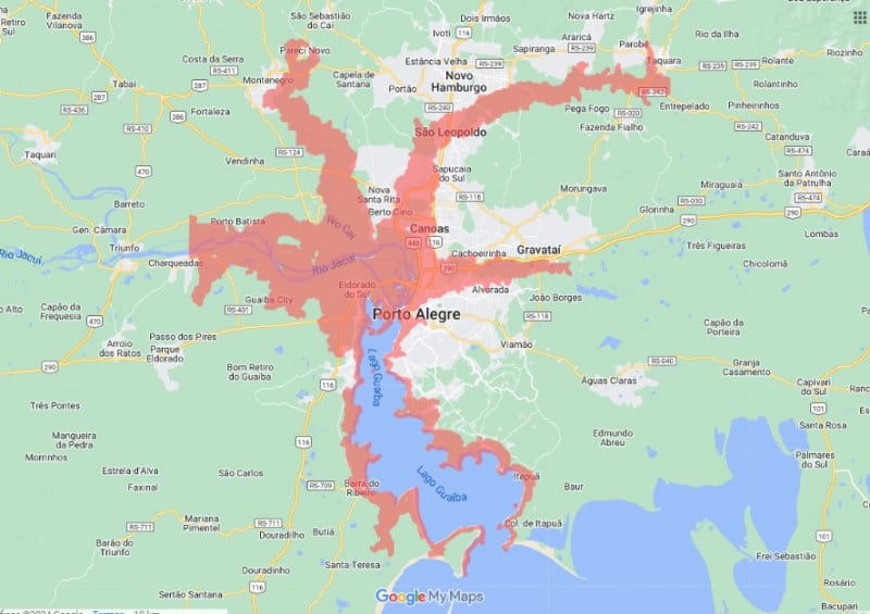 O mapa traz uma mancha vermelha com risco de inundação