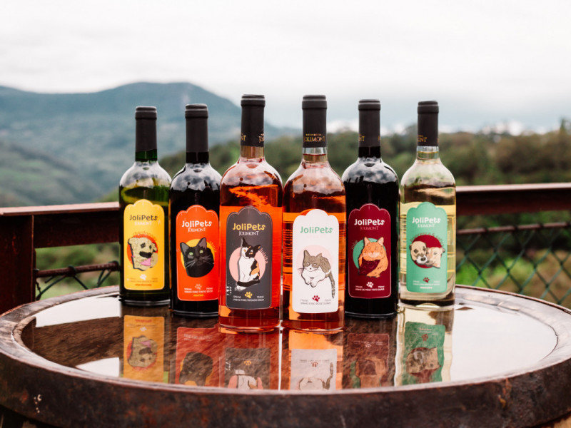A edição especial Jolipets, conta com seis rótulos - tinto suave, rosé suave, rosé seco, merlot seco, branco seco e branco suave. 
 Foto: RAFAELA BINS/ JOLIMONT/ DIVULGAÇÃO JC