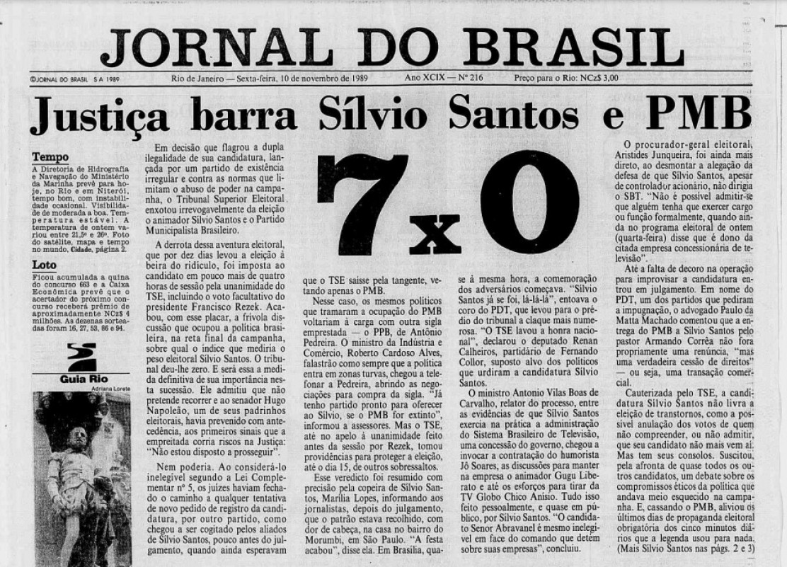 Exemplar do Jornal do Brasil, em 1989, noticiando a impugnação de Silvio  | Homeroteca Digital Brasileira/Biblioteca Nacional/JC