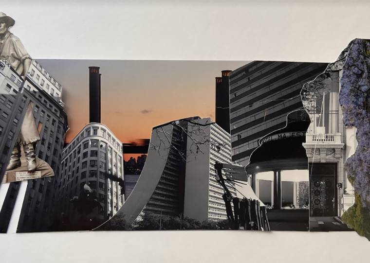 Porto Alegre Minha Cidade Joia conta com 21 quadros emoldurados, sem vidro e em tamanhos diferentes, onze fotografias coloridas e dez colagens, oito analógicas e duas digitais