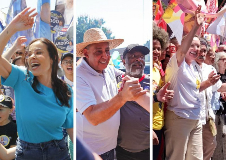 Montagem com Juliana Brizola, Sebastião Melo e Maria do Rosário, candidatos à prefeitura de Porto Alegre, em agenda no último domingo antes do primeiro turno das eleições.