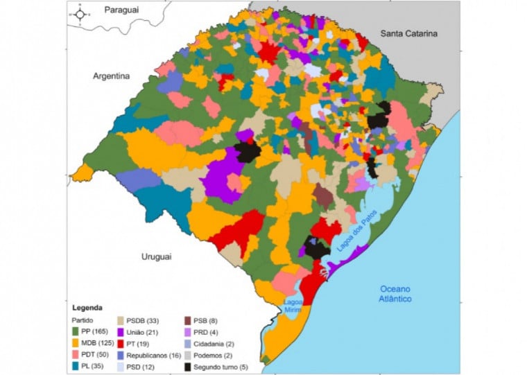 Mapa da eleição de 2024 mostra predomínio da vitória de siglas de direita nas disputas por prefeituras gaúchas / Arte: Allan de Oliveira - LabGeo/Ufrgs, com dados do TSE